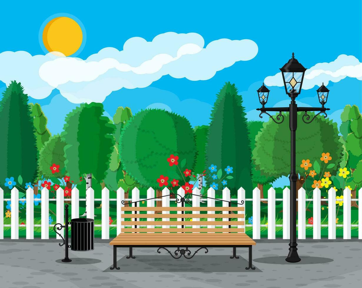 City park concept, wooden bench, street lamp, waste bin in square and trees. Sky with clouds and sun. Leisure time in summer city park. Vector illustration in flat style