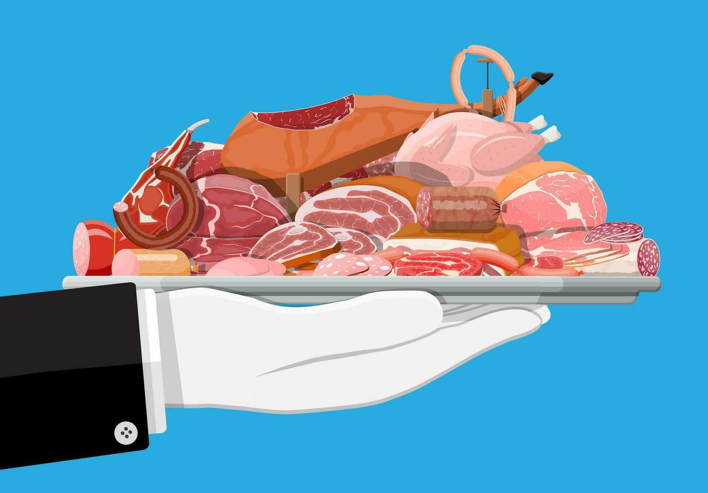 Collection of meat in tray. Chop, sausages, bacon, ham. Marbled meat and beef. Butcher shop, steakhouse, farm organic products. Grocery food products. Pork fresh steak. Vector illustration flat style