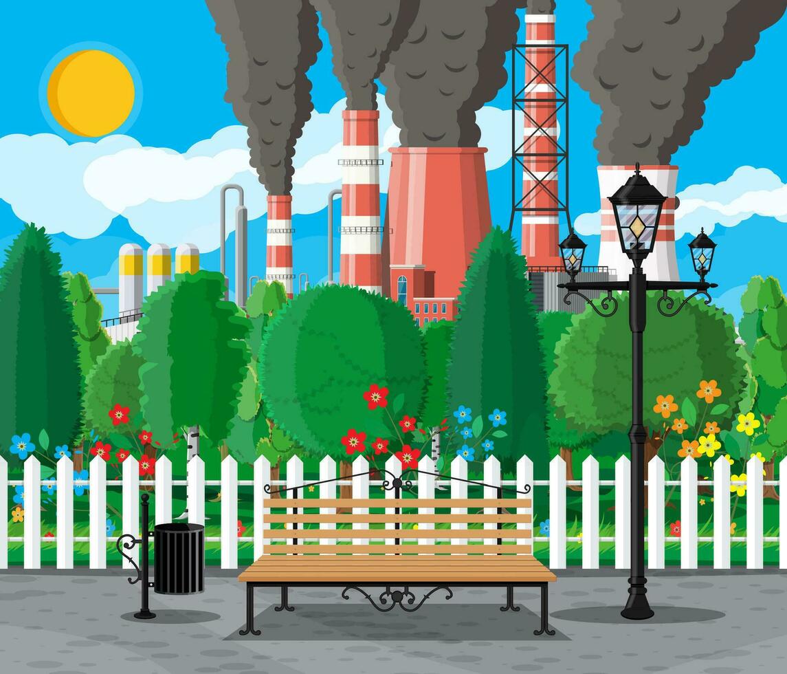 Factory building and city park. Industrial factory, power plant. Pipes, buildings, warehouse, storage tank. Cityscape urban skyline with clouds, trees and sun. Vector illustration in flat style