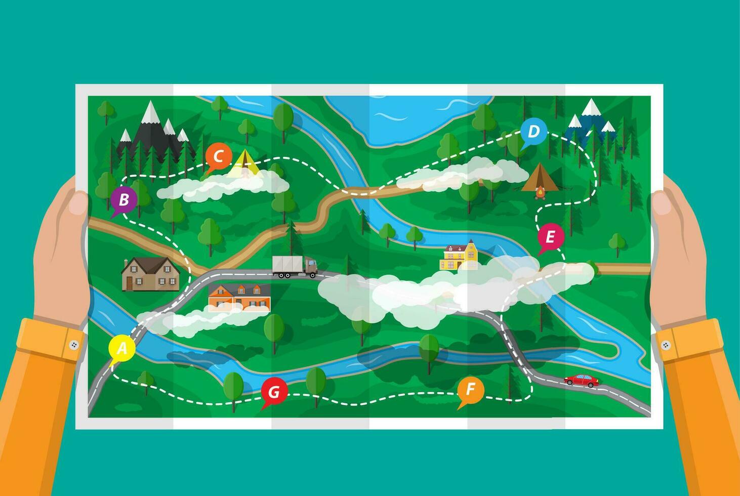 Hands with suburban paper map with houses with car, trees, road, river, mountain, sky and clouds. GPS and navigation. Village. Vector illustration in flat style