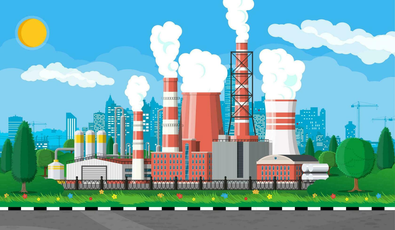 Factory building. Industrial factory, power plant. Pipes, buildings, warehouse, storage tank. Cityscape urban skyline with clouds, trees and sun. Vector illustration in flat style