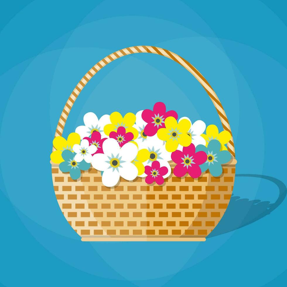 marrón tejido mimbre cesta con color flores vector ilustración en plano diseño en azul antecedentes