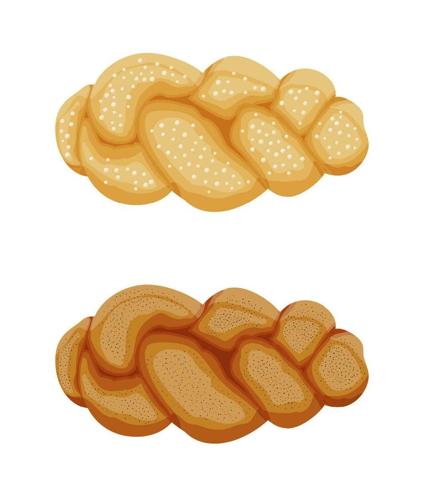 Braided bread bun icon. Pastry bakery with poppy seeds. Fresh tasty bun. Sweet loaf food. Challah jewish traditional holiday bread. Vector illustration in flat style