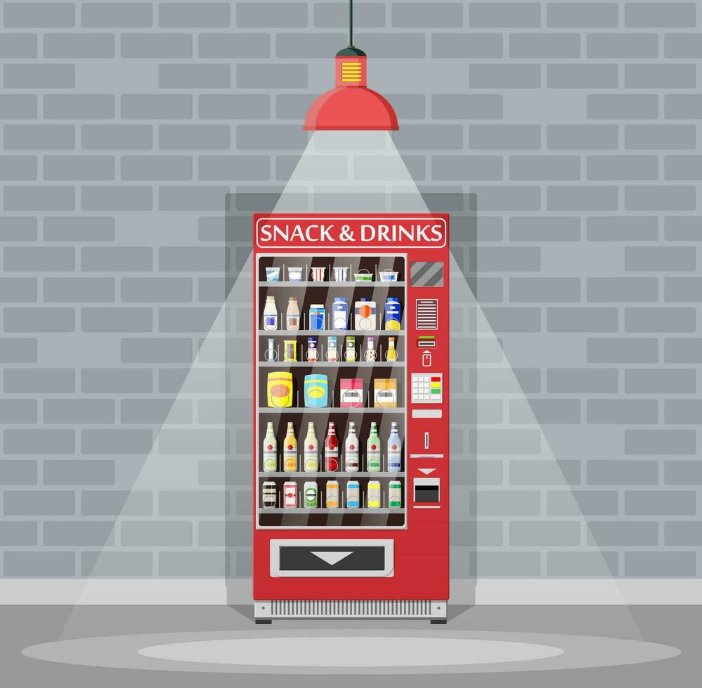 Automatic vending machine with food and drinks. Bottles and cans with drinks, chips, chocolate and other snacks. Lamp, brick wall. Vector illustration in flat style