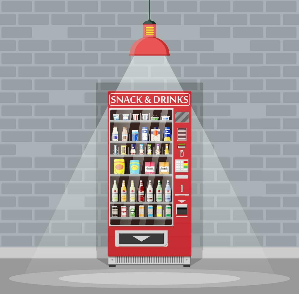 automático venta máquina con comida y bebidas botellas y latas con bebidas, papas fritas, chocolate y otro meriendas. lámpara, ladrillo pared. vector ilustración en plano estilo