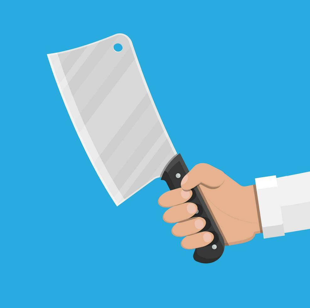 Butcher knife in hand. Kitchen cleaver knife for meat. Vector illustration in flat style.