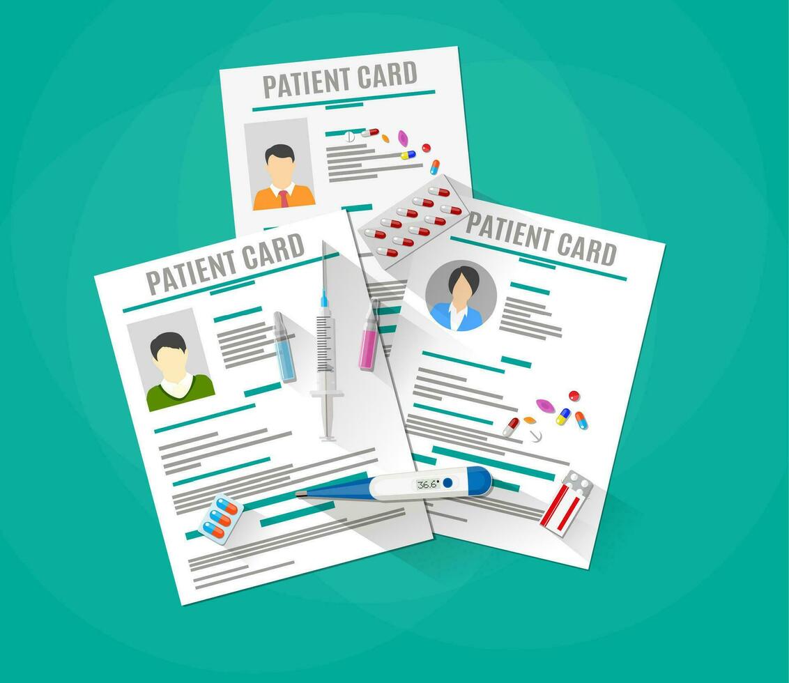 Patient cards and thermometer. pills, capsules, syringe, tablets. Healthcare, hospital and medical diagnostics concept. vector illustration in flat style