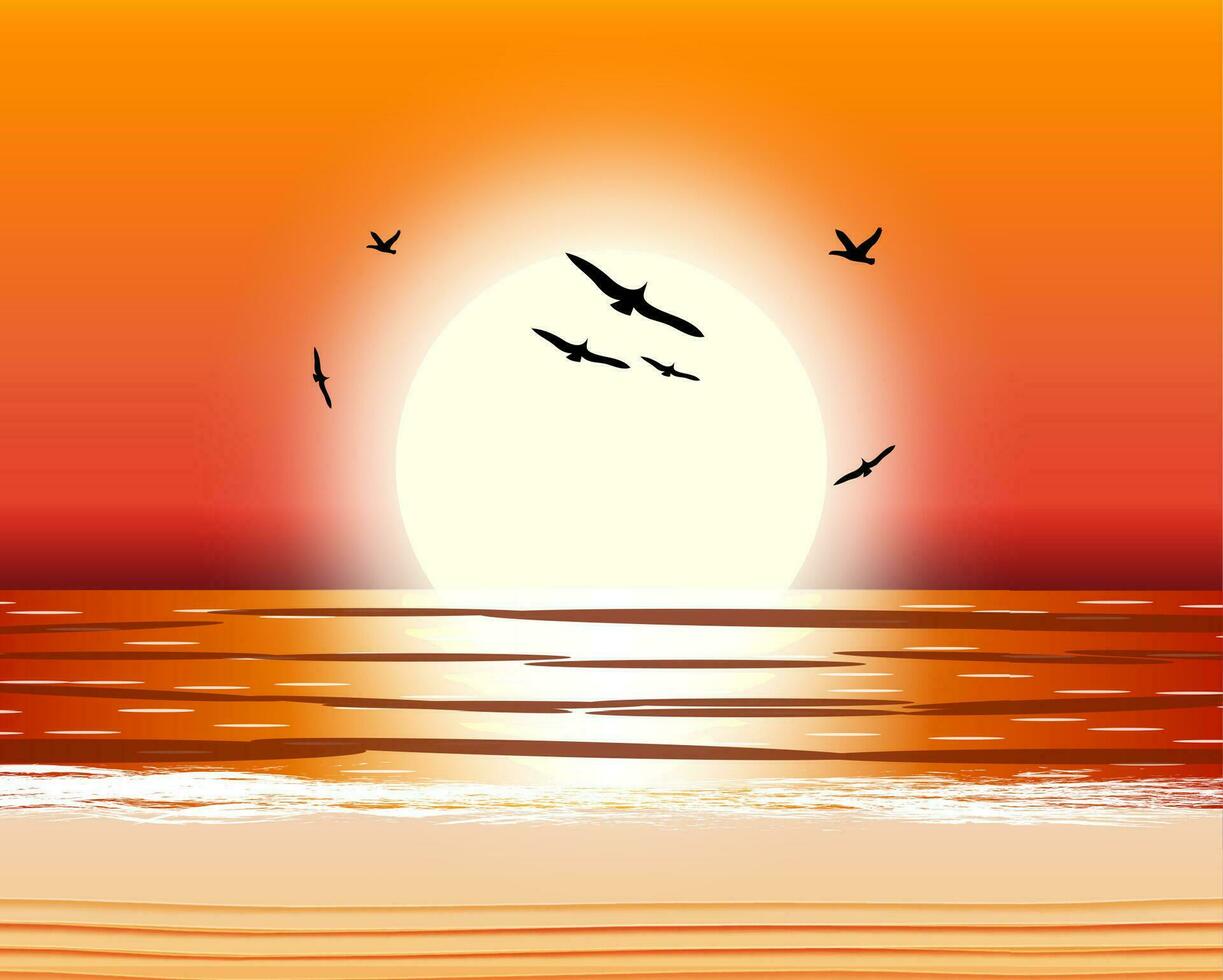 Sun with reflection in water. Sand beach and seagulls. Sunset in tropical place. Vector illustration