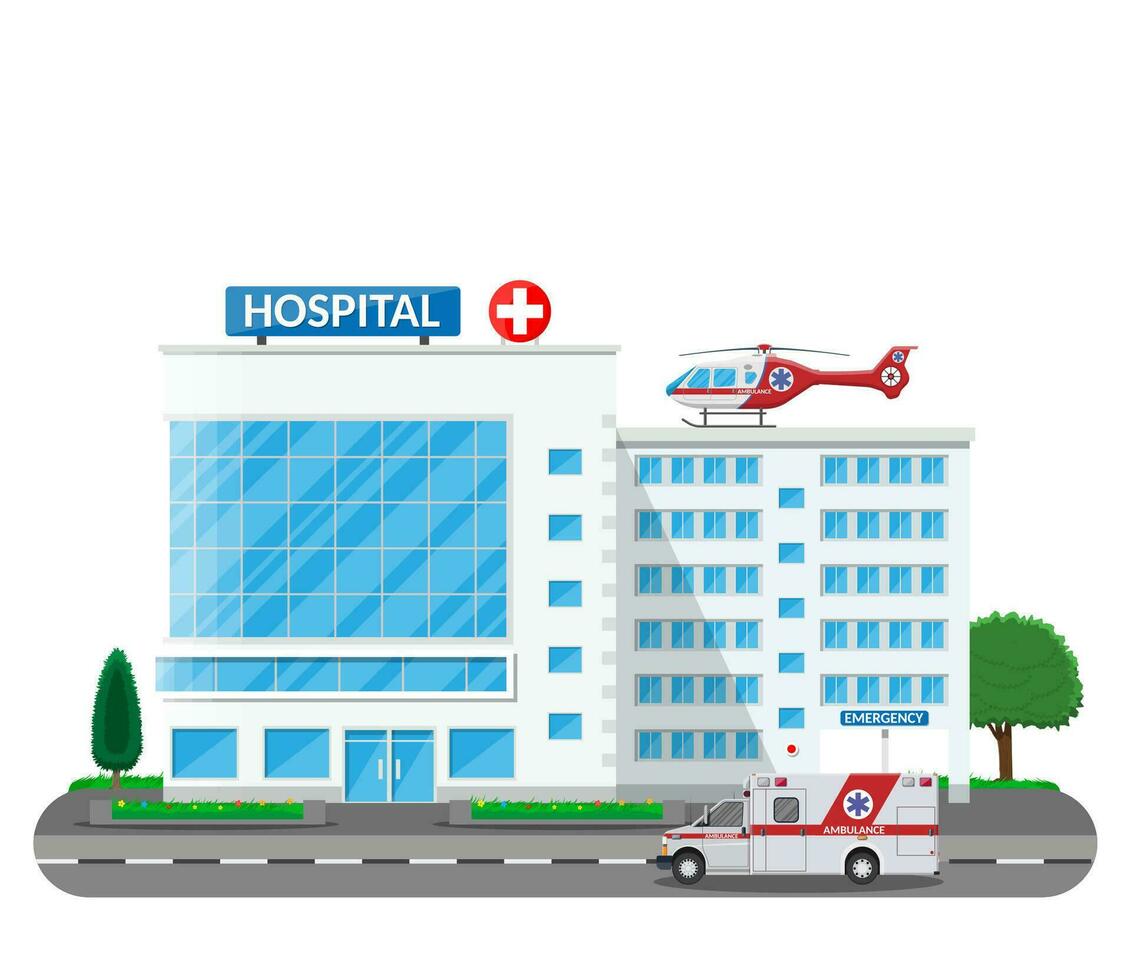 Hospital building, medical icon. Healthcare, hospital and medical diagnostics. Urgency and emergency services. Road, tree. Car and helicopter. Vector illustration in flat style