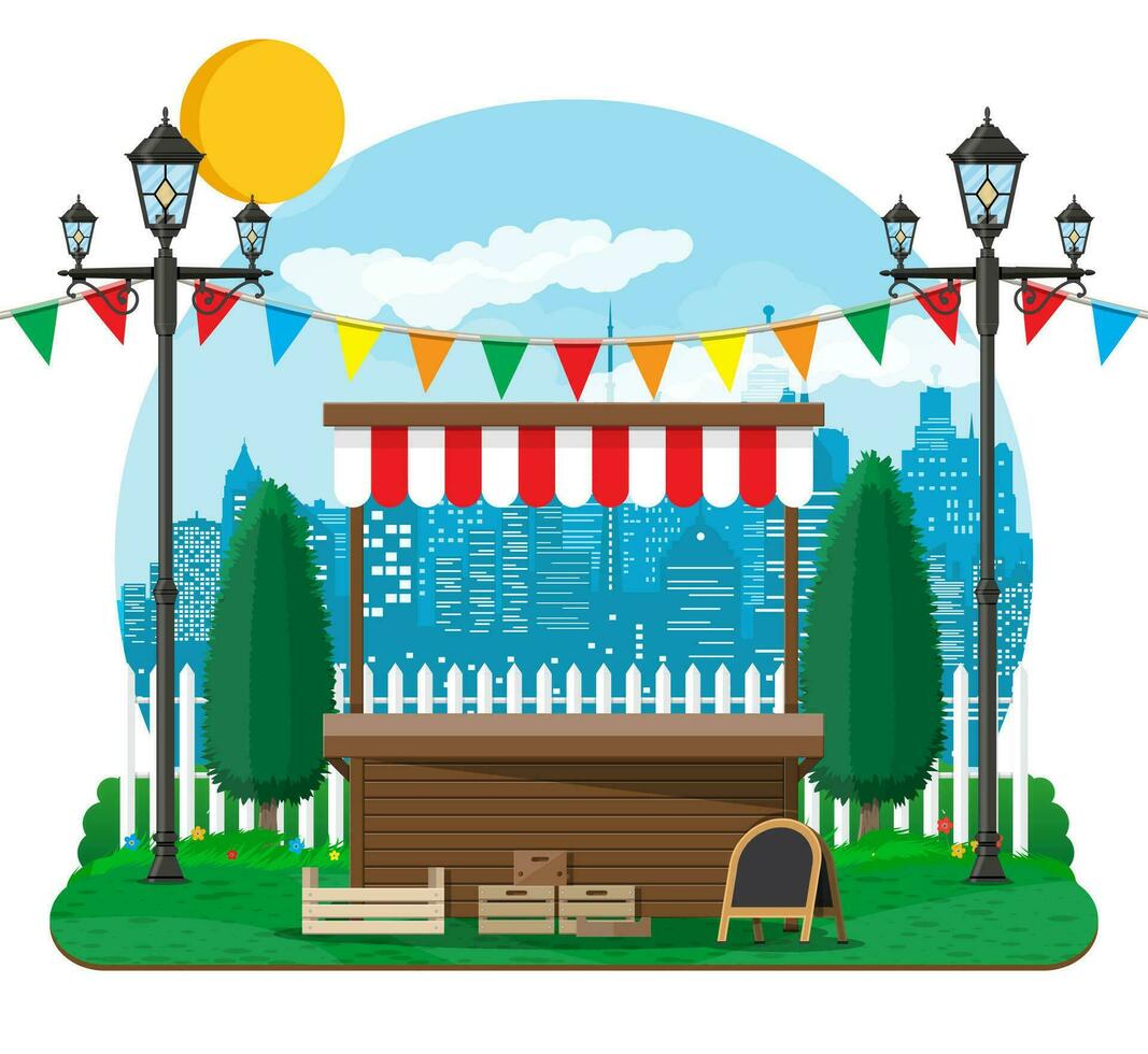 Traditional market empty wooden food stall with flags, crates chalk board. City park, street lamp and trees. Sky with clouds and sun. Leisure time in summer city park. Vector illustration flat style