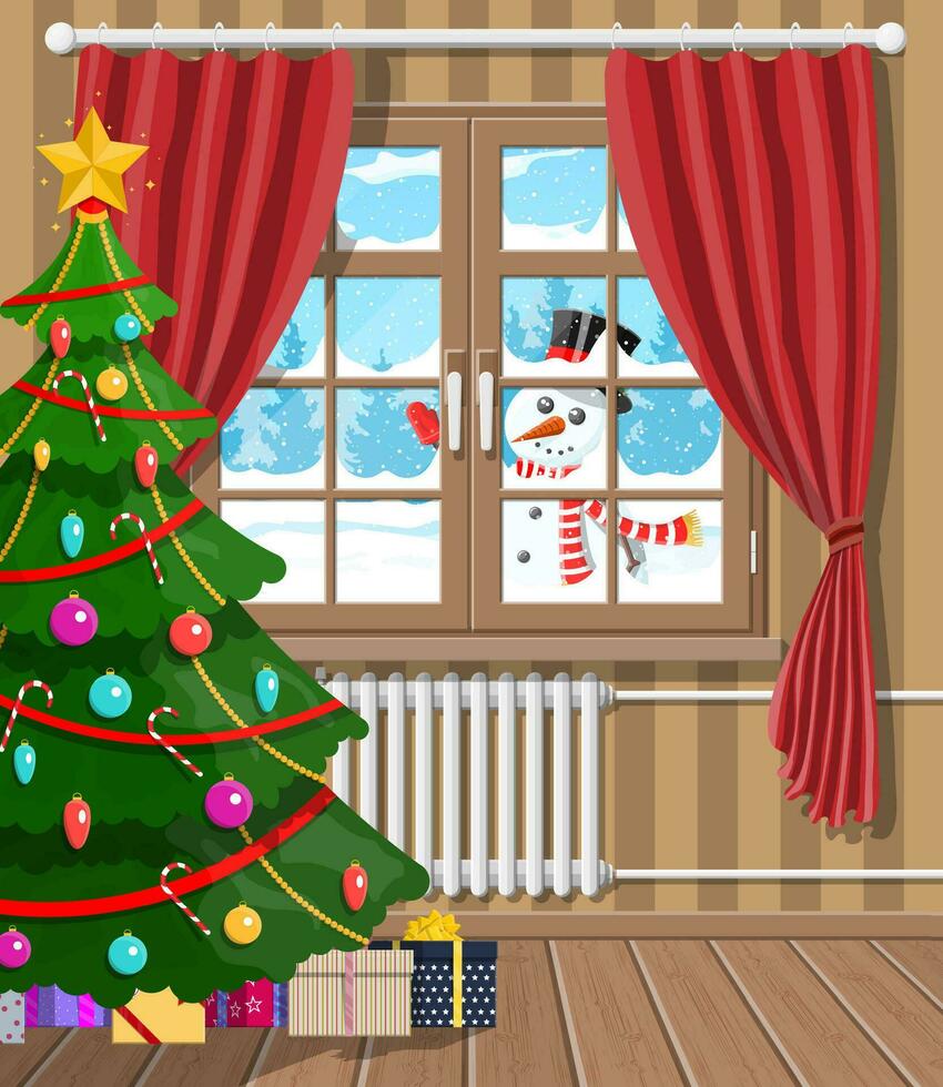 Snowman looks in living room window. Interior of room with christmas tree and gifts. Happy new year decoration. Merry christmas holiday. New year and xmas celebration. Vector illustration flat style