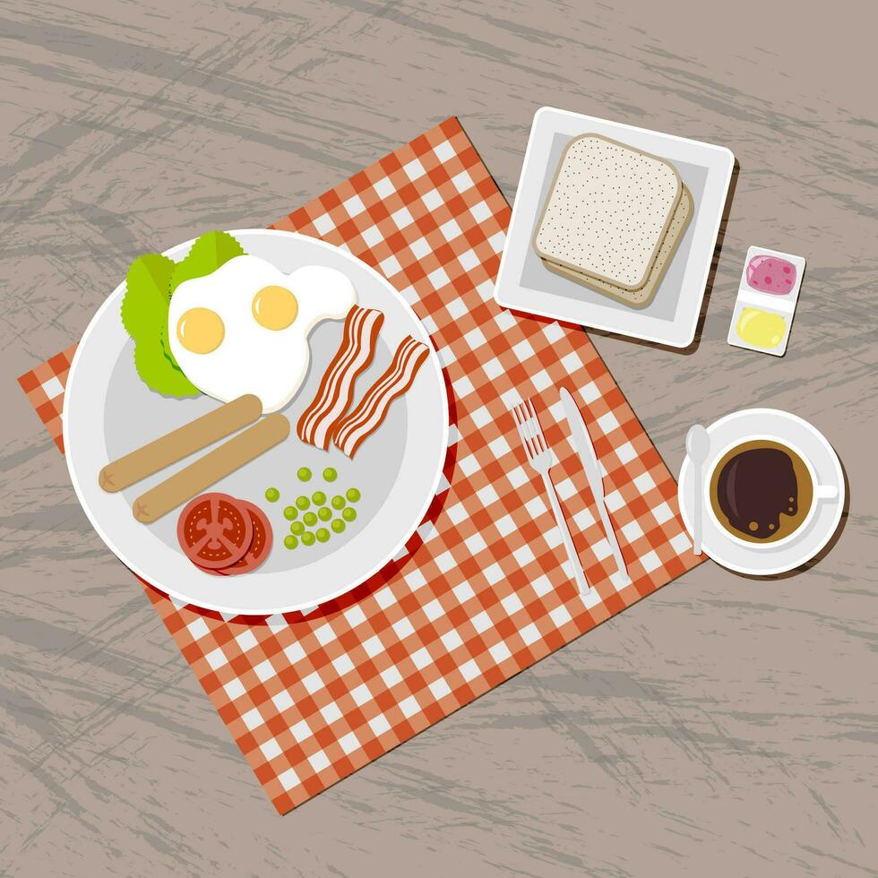 Breakfast set. Blanket on wooden table. including sausages, fried eggs, becon, tomato, pea, salad, toasts bread, jam and butter, coffee cup fork spoon and knife. vector illustration in flat design
