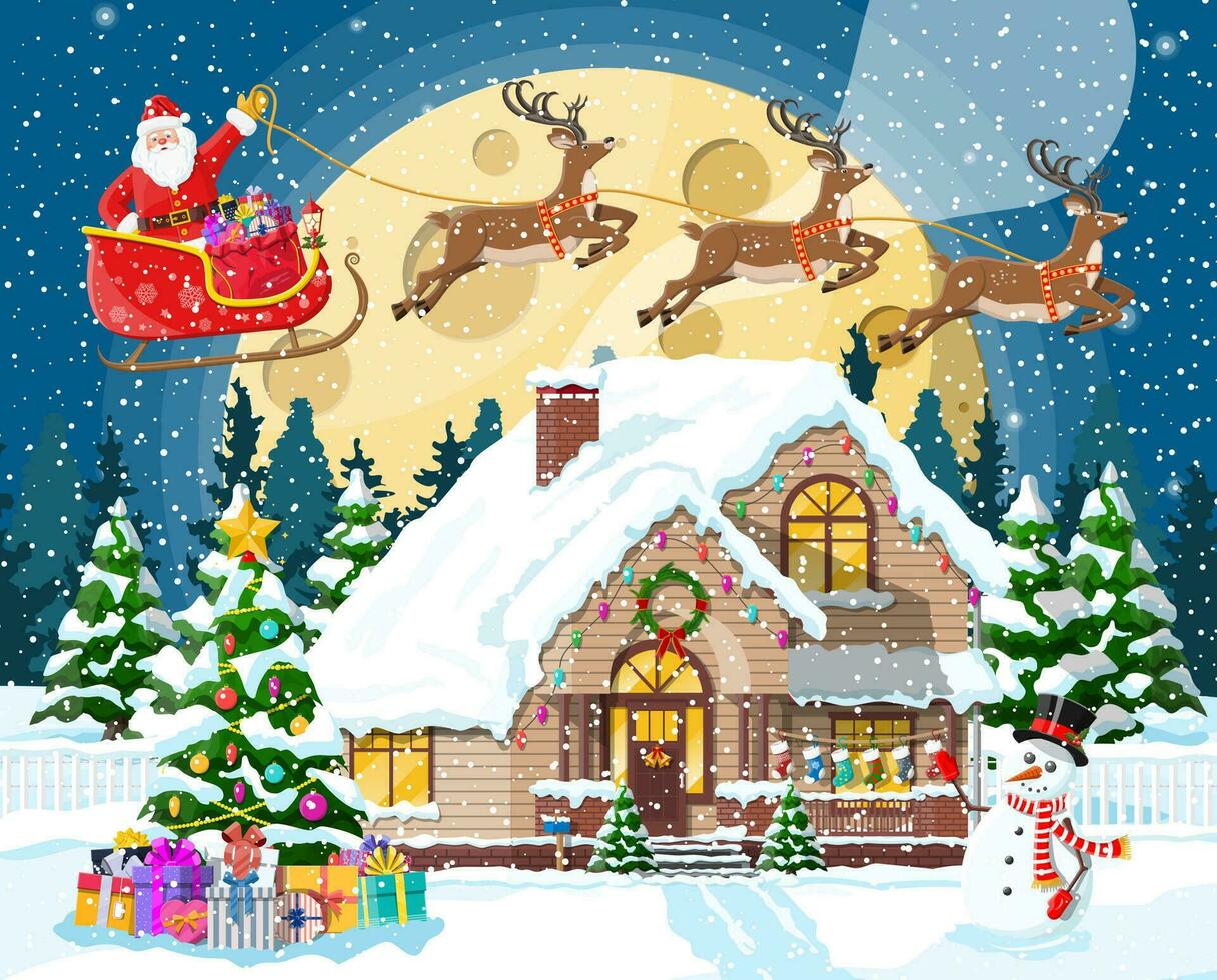 suburbano casa cubierto nieve. edificio en fiesta ornamento. Navidad paisaje árbol, muñeco de nieve, Papa Noel trineo renos nuevo año decoración. alegre Navidad fiesta Navidad celebracion. vector ilustración