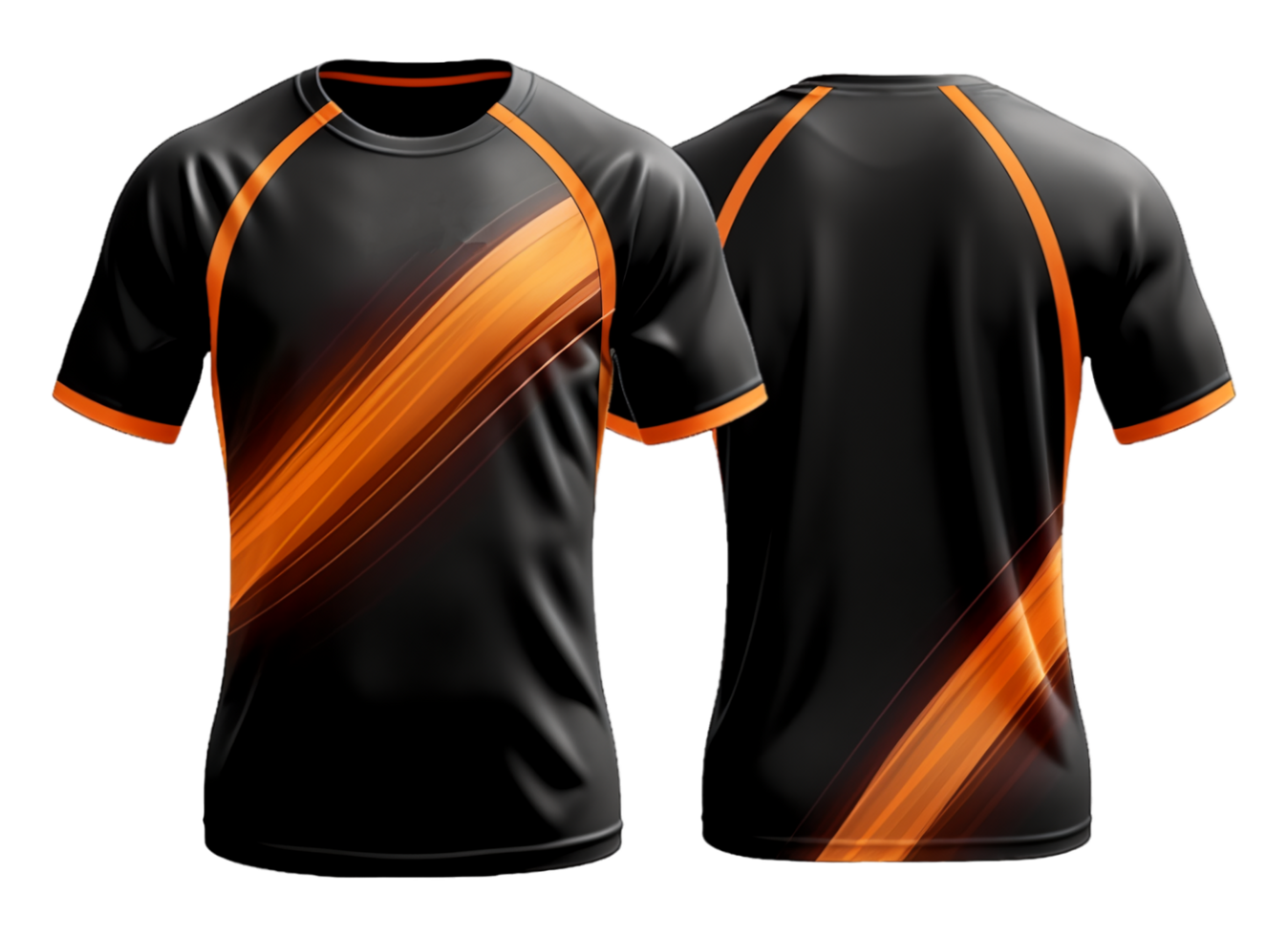 AI generated black sports t-shirt with orange abstract pattern, jersey template design with front and back views, generated ai png