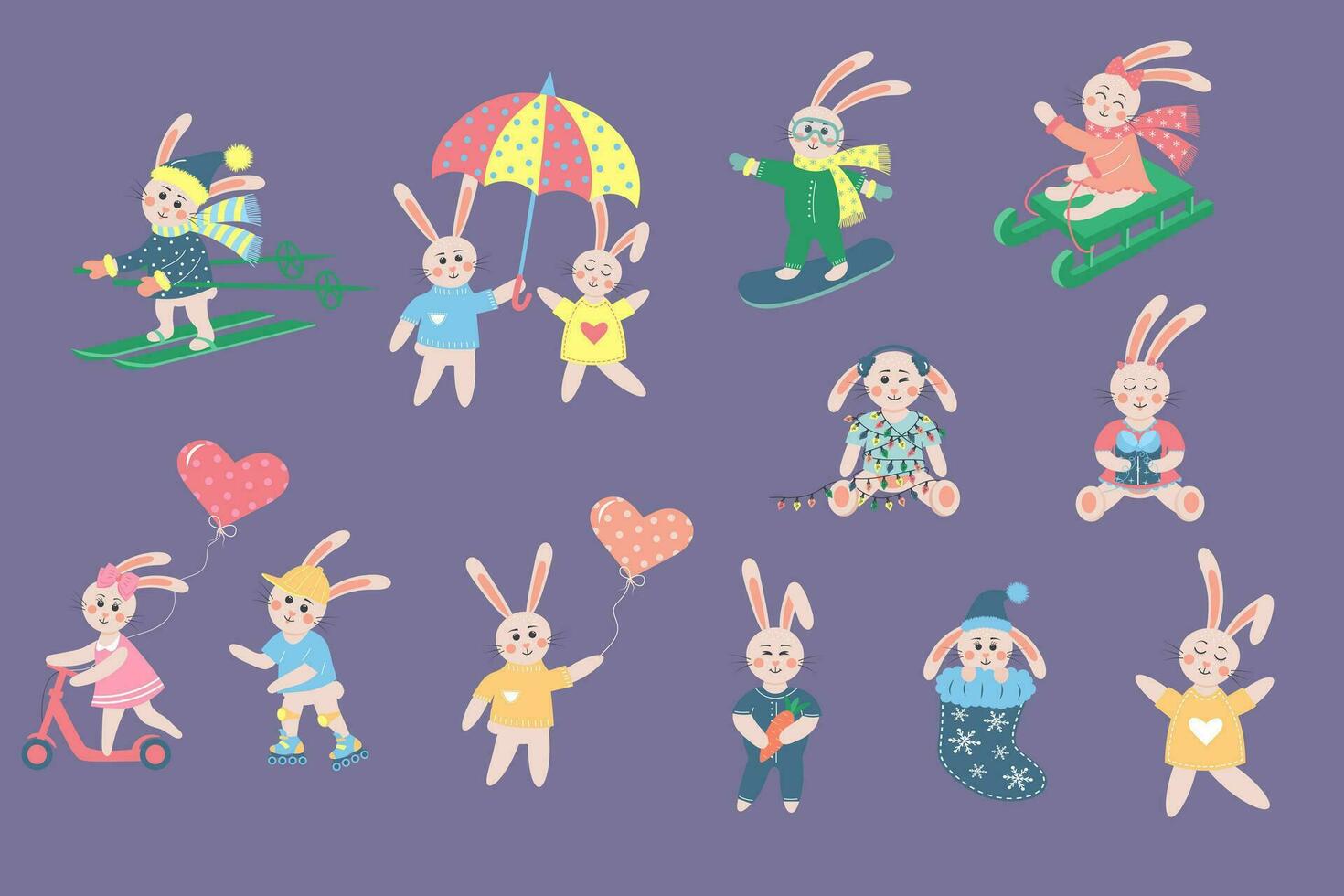 Set of cute rabbits. Funny boy and girl bunny in different poses and clothes. Cartoon forest characters collection. Colorful vector illustration in flat cartoon style.