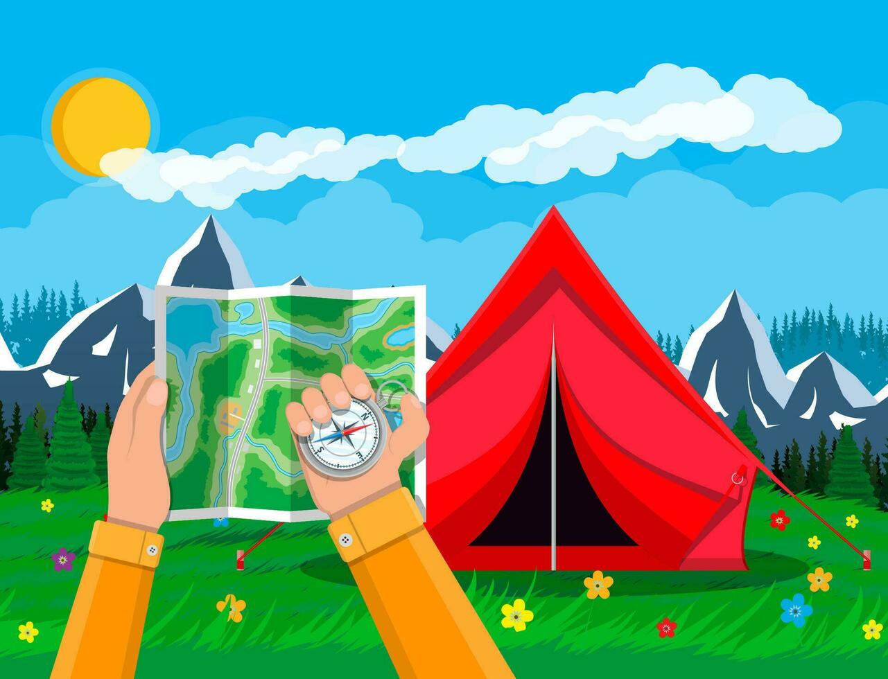 Folded paper city suburban map and compass in hands. Abstract generic map. GPS and navigation. Nature landscape with mountains, tent and forest. Vector illustration in flat style