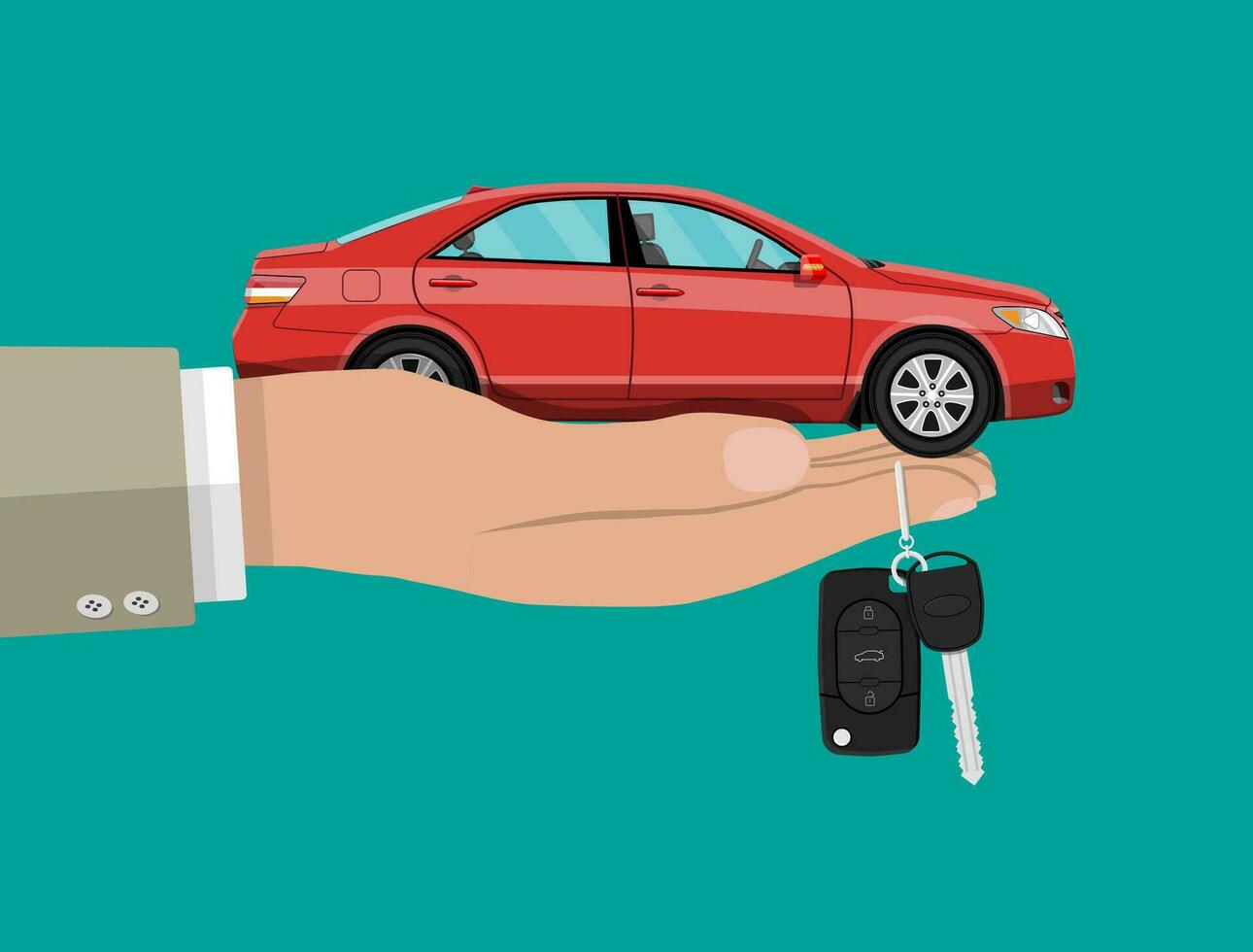 Hand with red car and keys. vector illustration in flat design