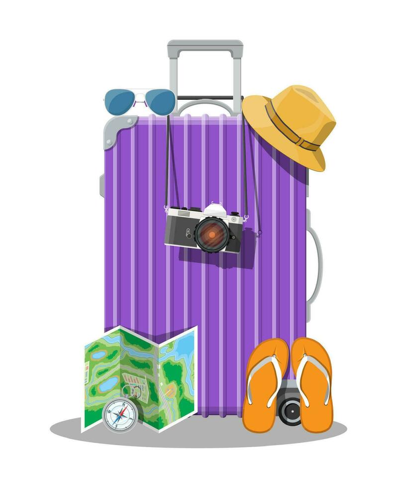 Plastic travel bag. Plastic case with wheels. Hat, photo camera, eyeglasses, paper map, compass, flip flops. Baggage and luggage. Vector illustration in flat style