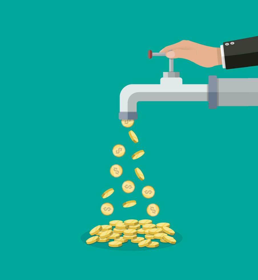 Golden coins fall out of the metal tap. Vector illustration in flat style on green background