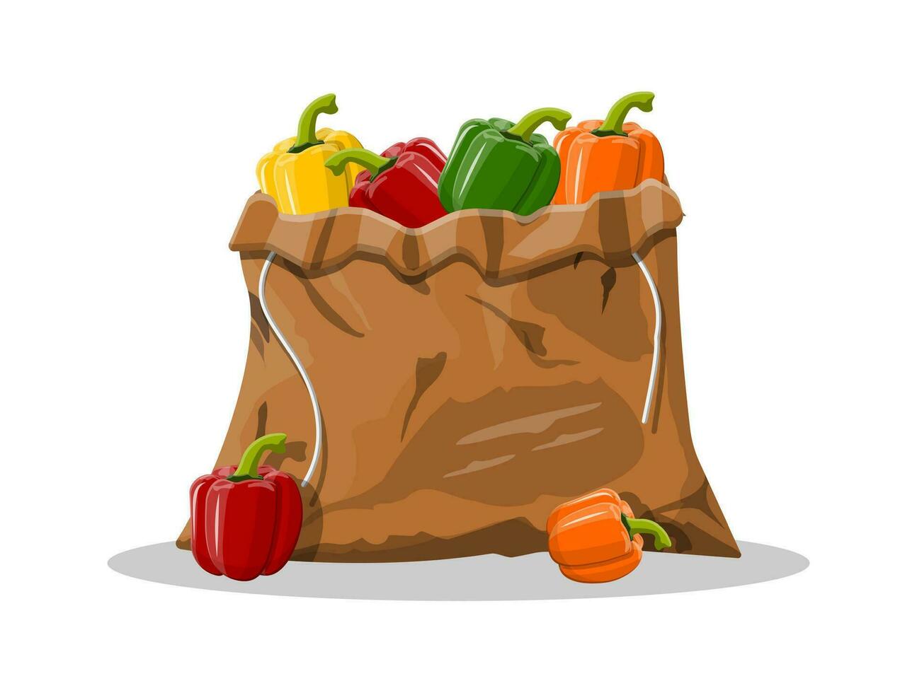 Pepper bell vegetable in canvas bag isolated on white background. Green red yellow orange pepper bell from farm. Organic healthy food. Vector illustration in flat style
