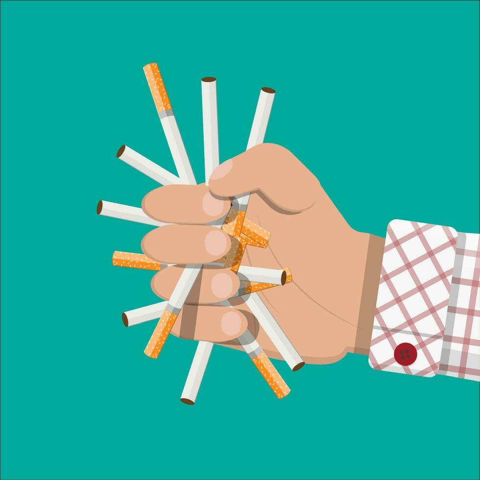 Tobacco abuse concept. Hand breaks cigarettes. No smoking. Rejection, proposal smoke. Vector illustration in flat style.
