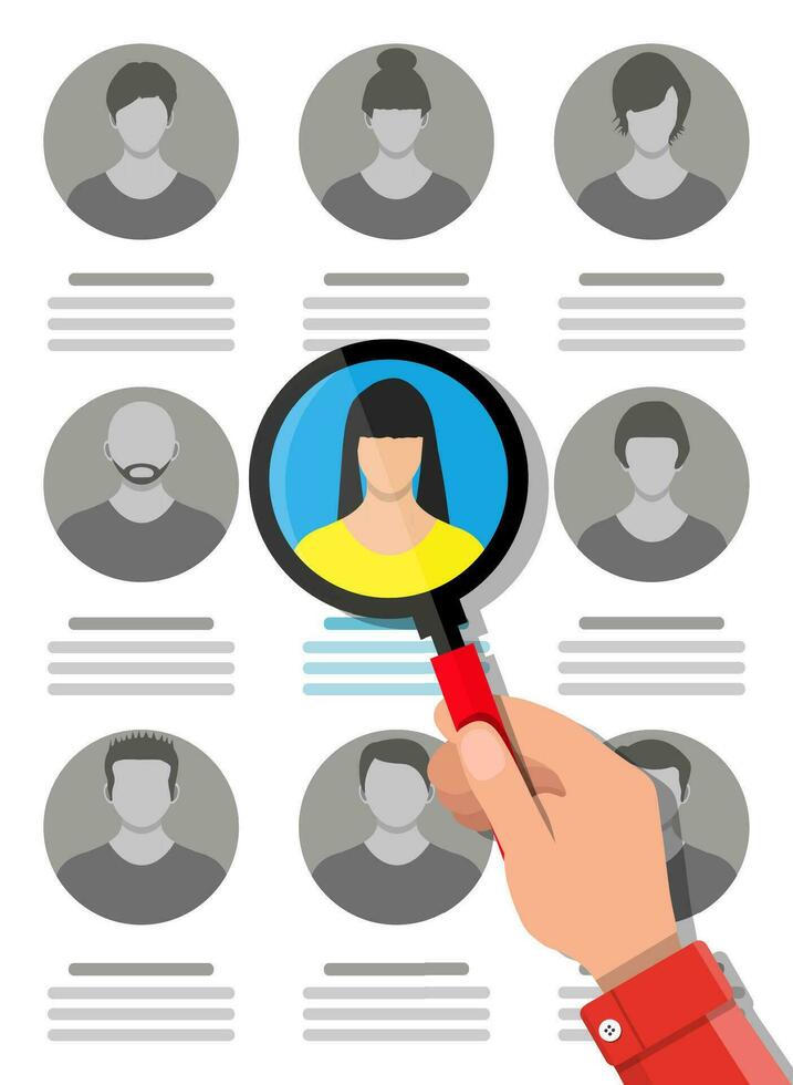 Human resources management concept, searching professional staff, work. Hand with magnifying glass found right resume. Vector illustration in flat style