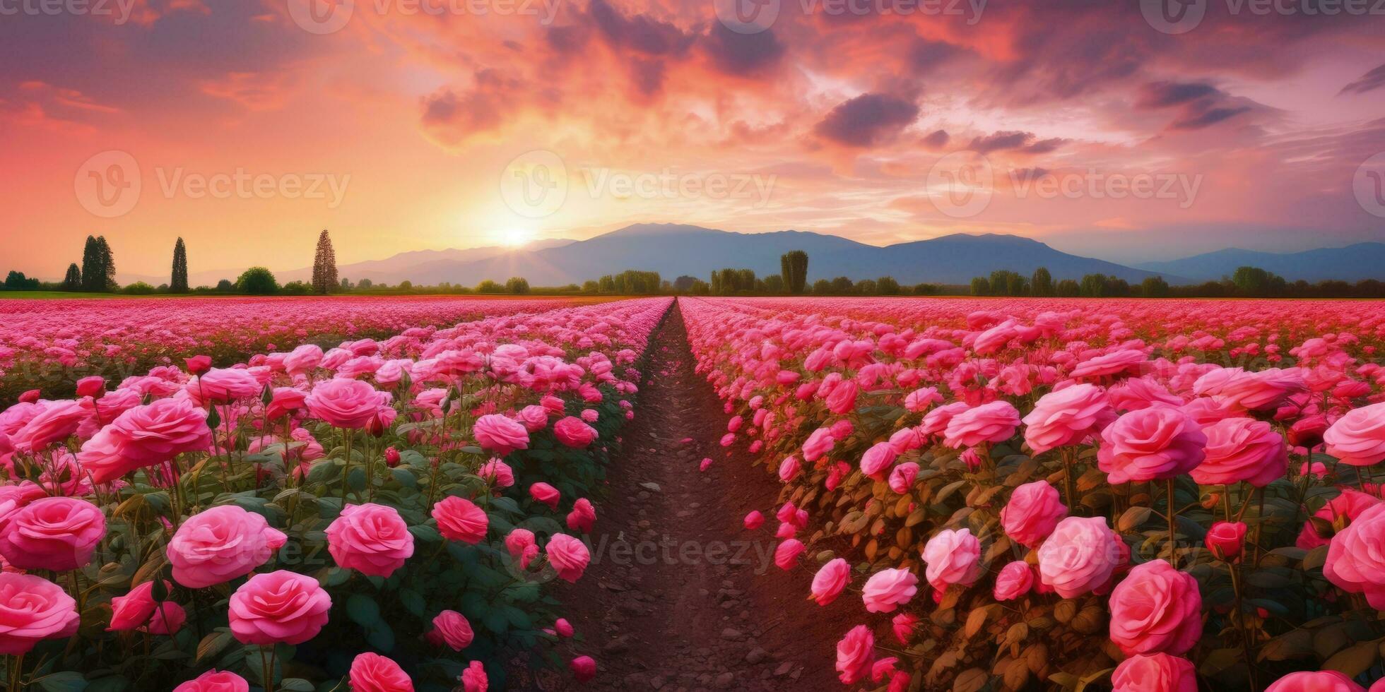 AI generated Rose field in the sunrise morning with beautiful sky photo