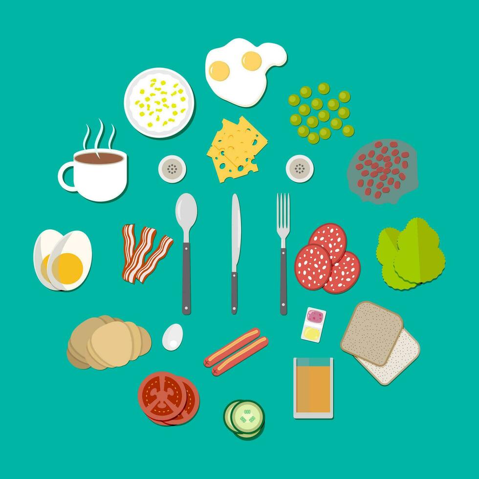 Set of breakfast components, with sausages fried eggs, becon tomato cucumber croissant coffee toast bread, beans, salad salami cheese pea orange juice fork spoon and knife. vector illustration in flat