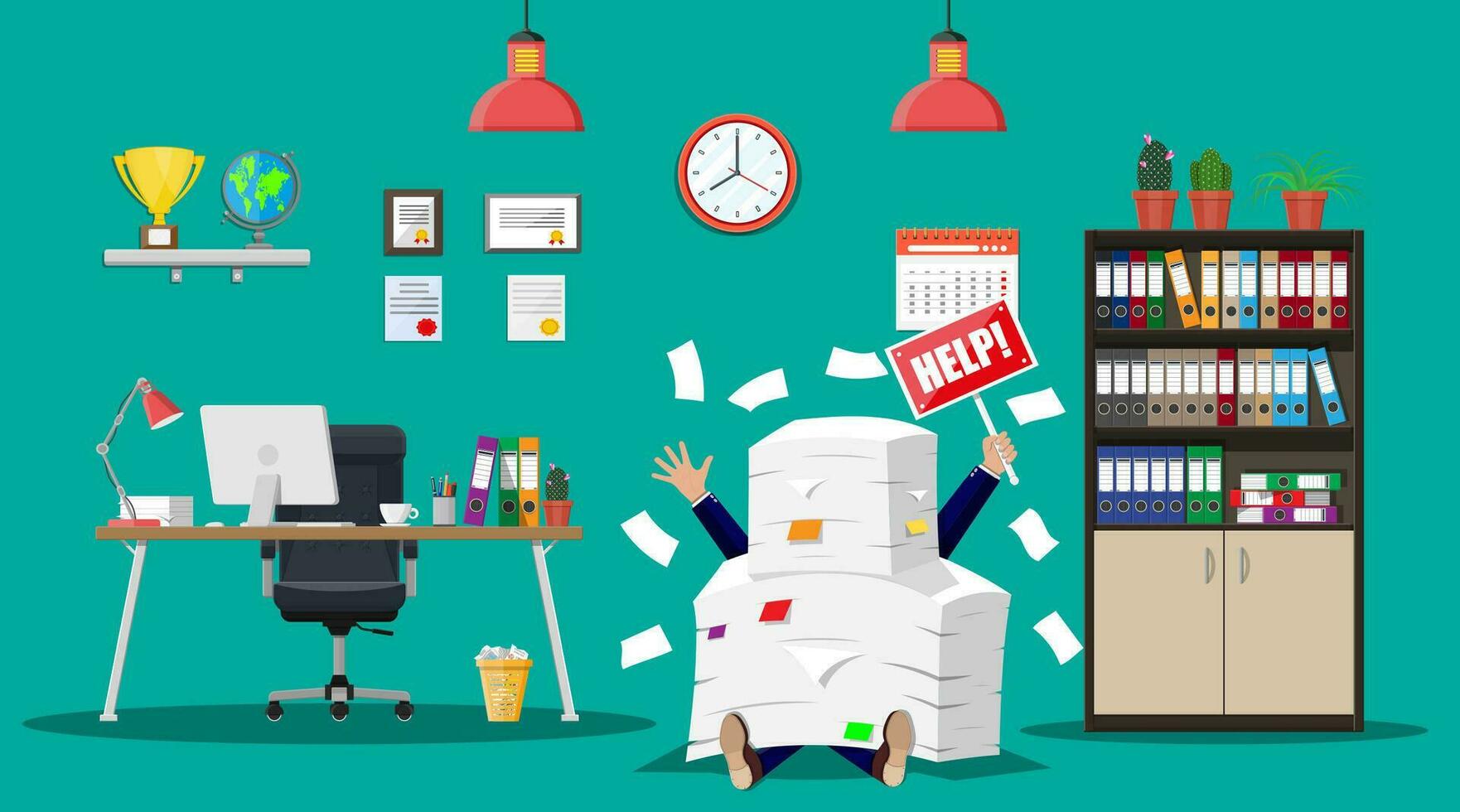 Stressed businessman under pile of office papers and documents. Office building interior. Office documents heap. Routine, bureaucracy, big data, paperwork, office. Vector illustration in flat style