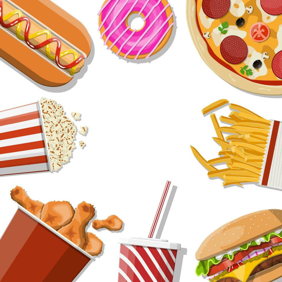 Tasty burger, red striped paper glass with drinking straw, french fries in white paper box, chicken legs in bucket, popcorn, pizza and hotdog. Fast food. Vector illustration in flat style