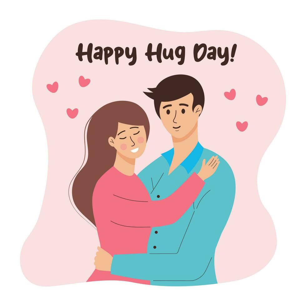 Young man and woman hugging each other. Happy Hug Day greeting card. Love, tenderness, embrace and romantic feelings concept. vector