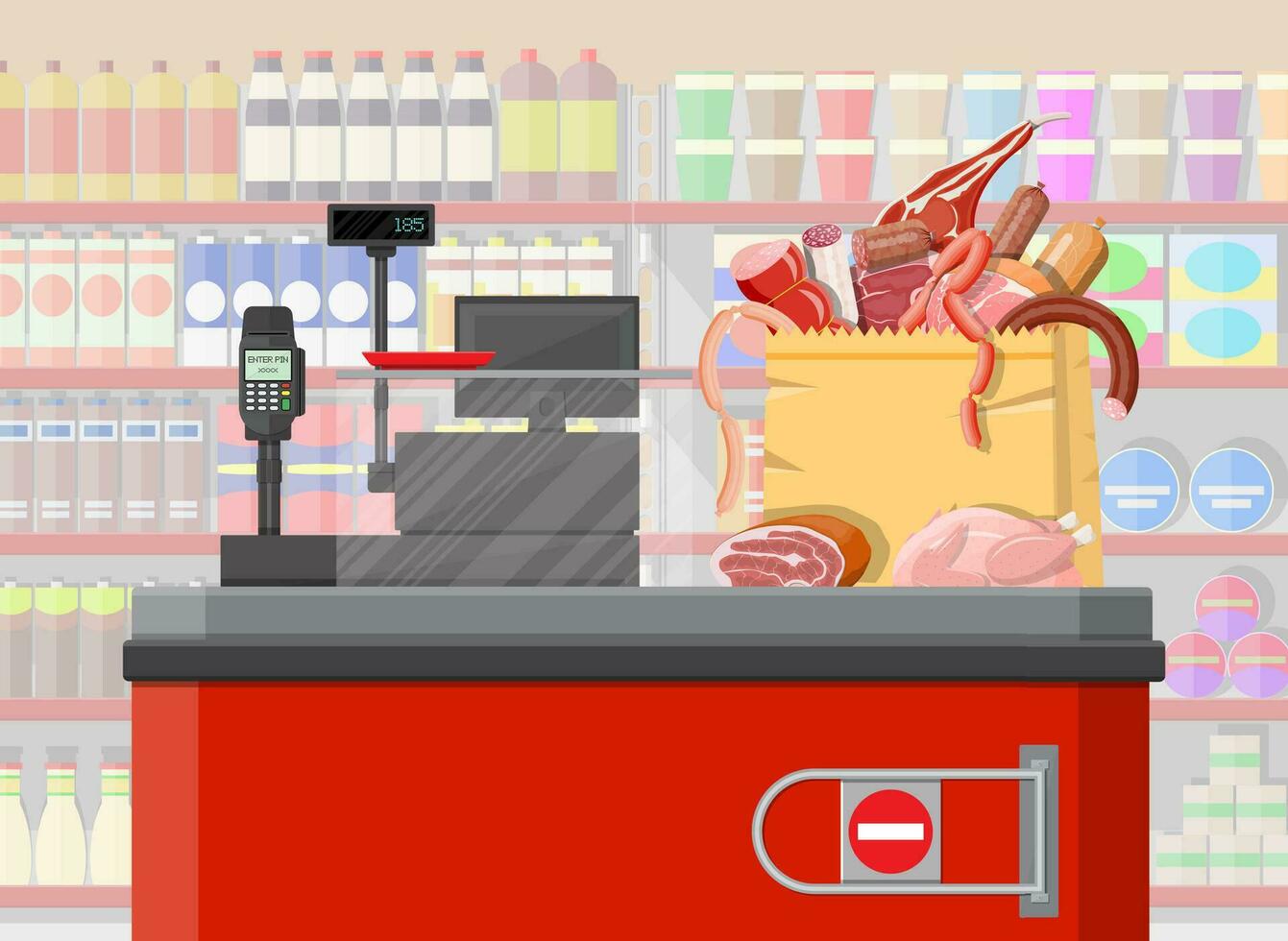 Supermarket store, retail groceries. Big shopping mall. Interior store inside. Checkout counter, cash machine, meat grocery, drinks, food, fruits and dairy products. Vector illustration in flat style