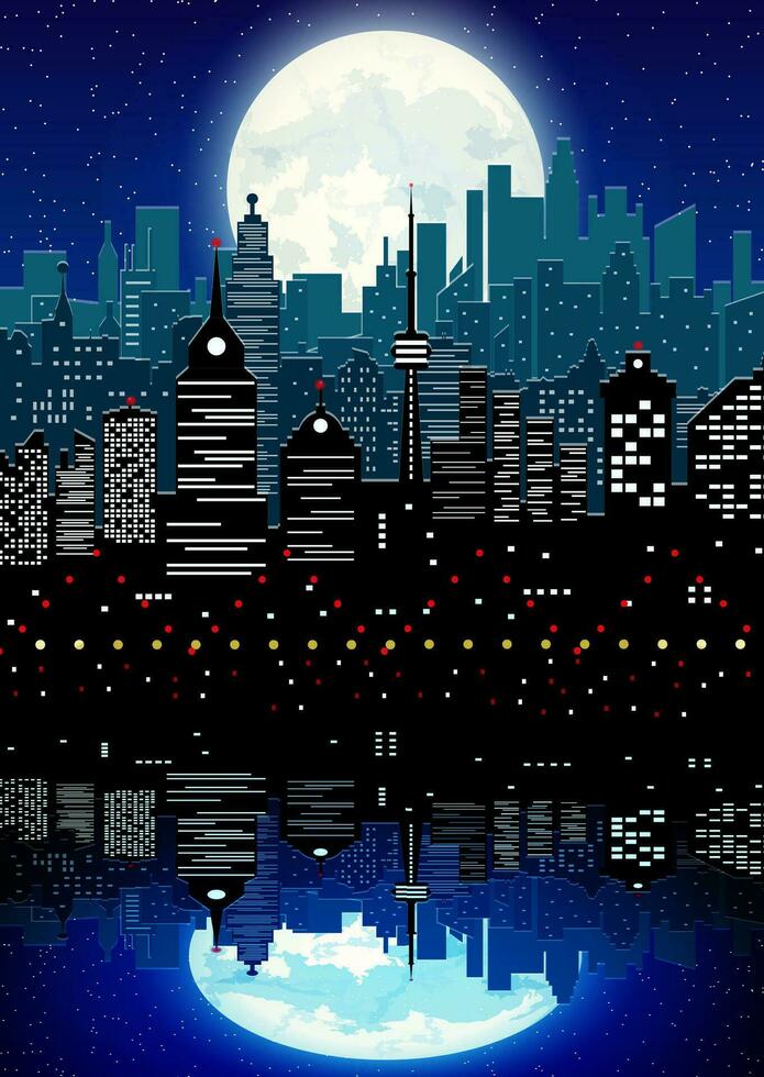 silueta de el ciudad con nublado noche cielo, estrellas y lleno Luna y reflexión en agua. vector ilustración
