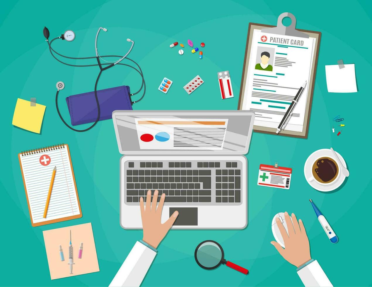 doctor working at laptop, medical and healthcare devices and pills. vector illustration in flat style on green background