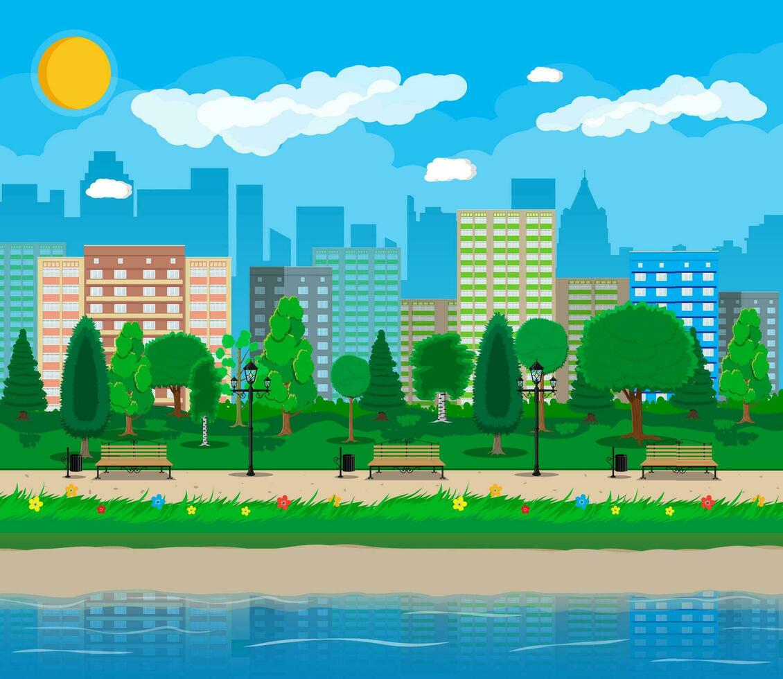 City park and pond, wooden bench, street lamp, waste bin in square. Cityscape with buildings and trees. Sky with clouds and sun. Leisure time in summer city park. Vector illustration in flat style