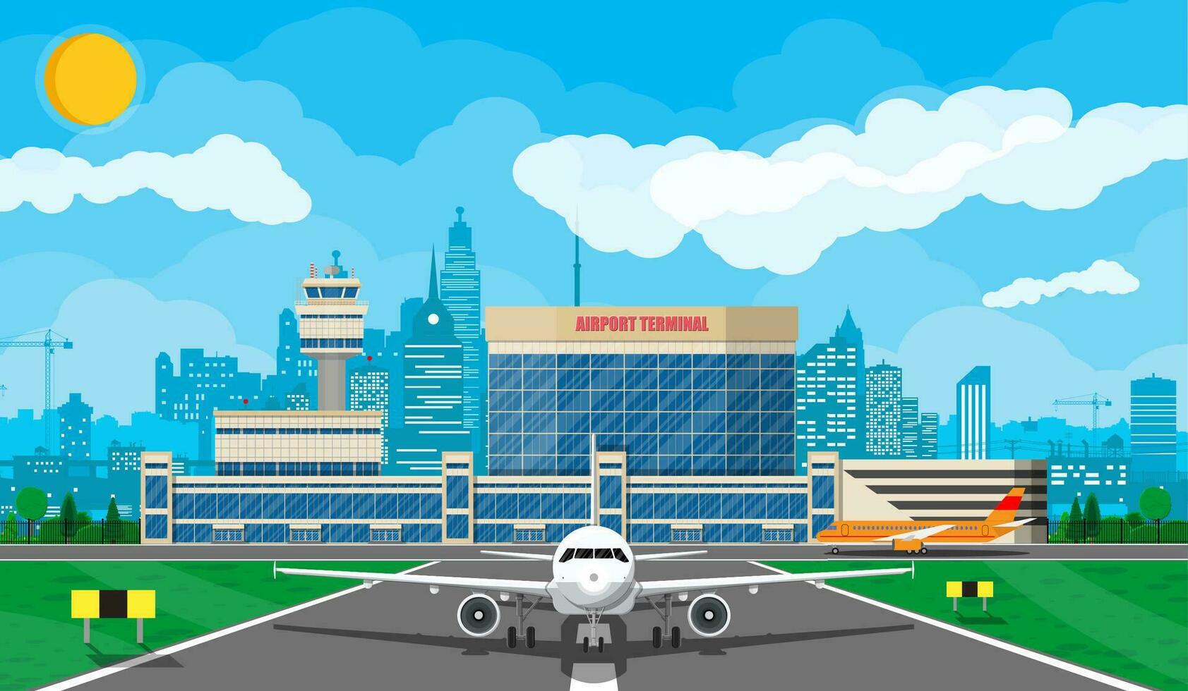 Plane before takeoff. Airport control tower, terminal building and parking area. Cityscape. Sky with clouds and sun. Vector illustration in flat style