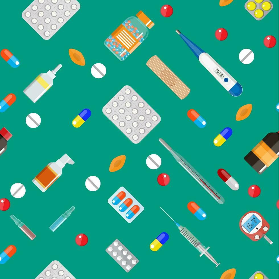 Vector seamless medical background. Medicine pills capsules and bottles and healthcare devices on green background. Tablets in flat style. Vector illustration