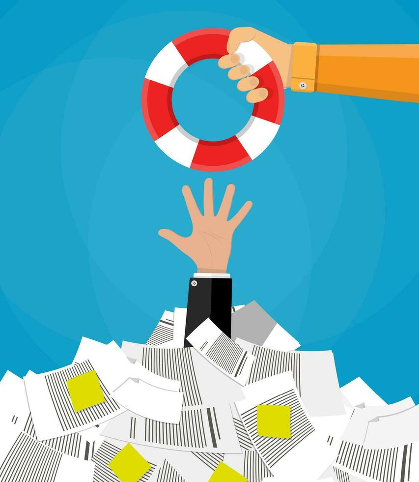 Stressed cartoon businessman in pile of office papers and documents getting lifebuoy. Stress at work. Overworked. Vector illustration in flat design