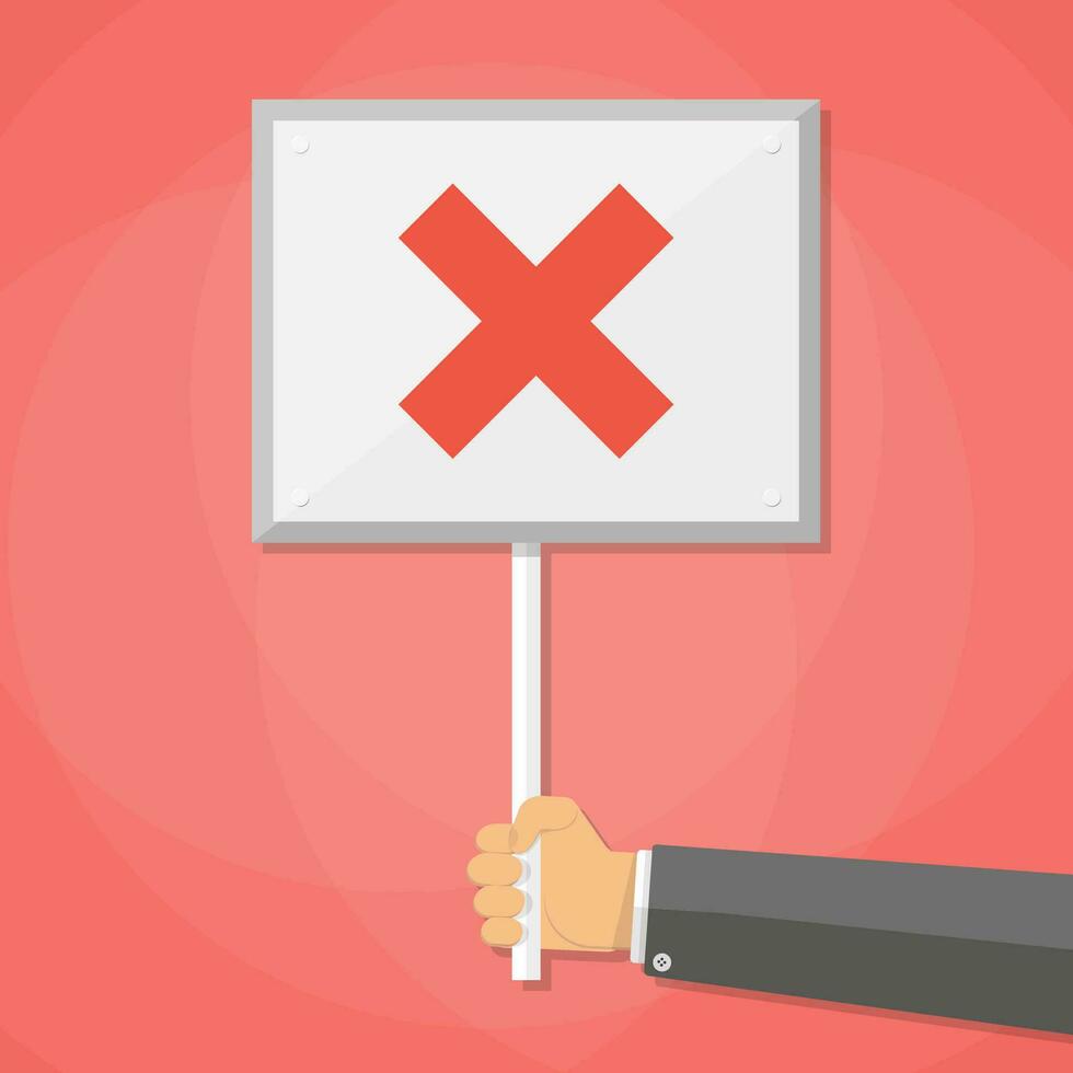 Cartoon Businessman hand hold sign with red cross. negative checkmark in center. wrong choice concept. vector illustration in flat design on red background.