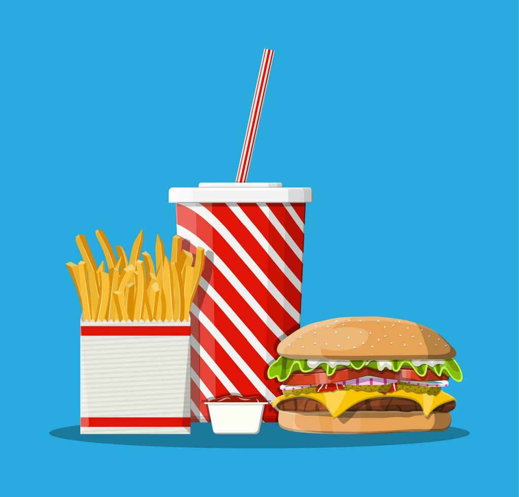 Tasty burger, red striped paper glass with drinking straw, french fries in white paper box. Cup of cola with fries and cheeseburger. Fast food. Vector illustration in flat style
