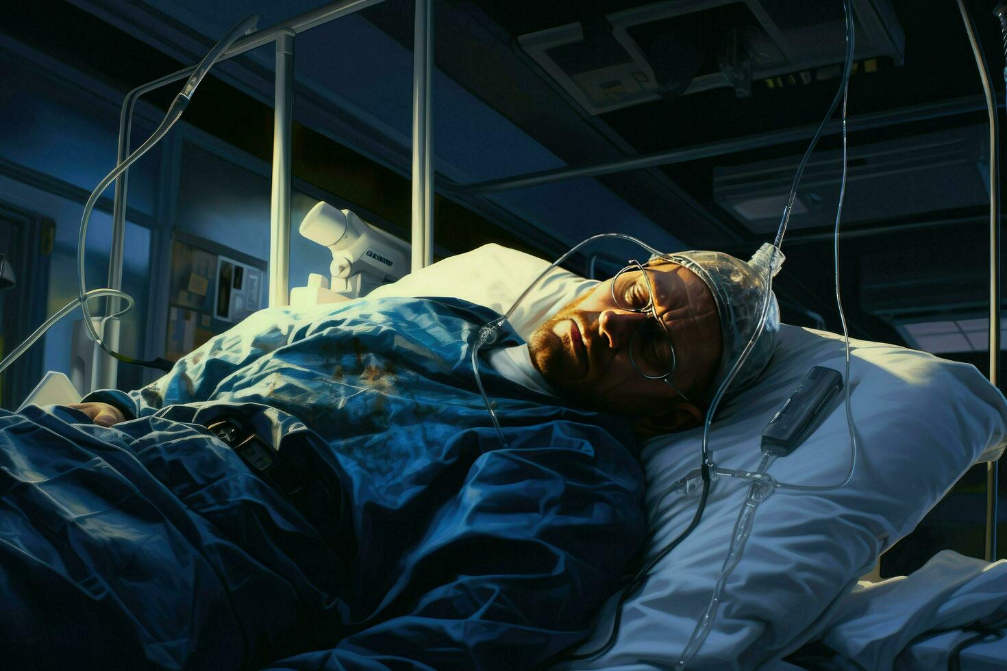 AI generated Patient with life saving equipment for treatment in ICU at the hospital, emergency health care hospital ward Ai generated photo