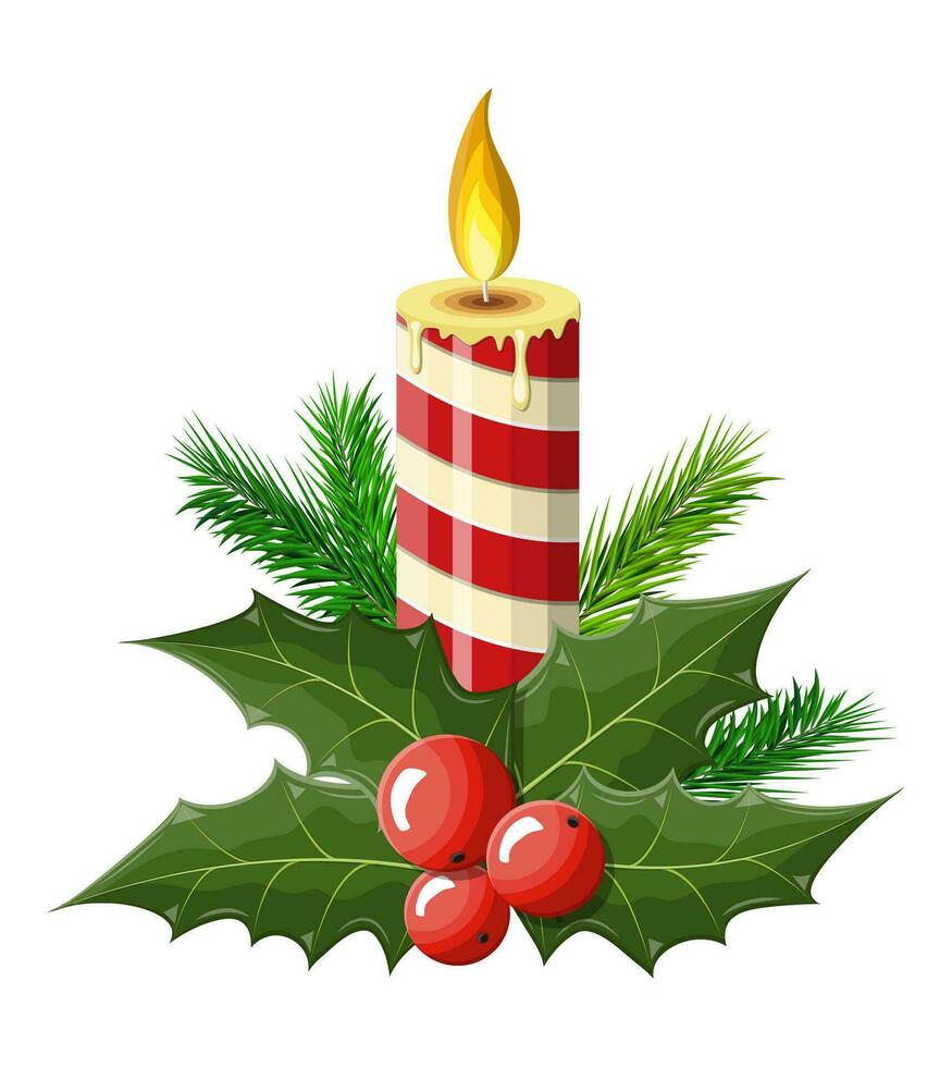 Burning candle, holly leaves and red berries. Happy new year decoration. Merry christmas holiday. New year and xmas celebration. Vector illustration in flat style