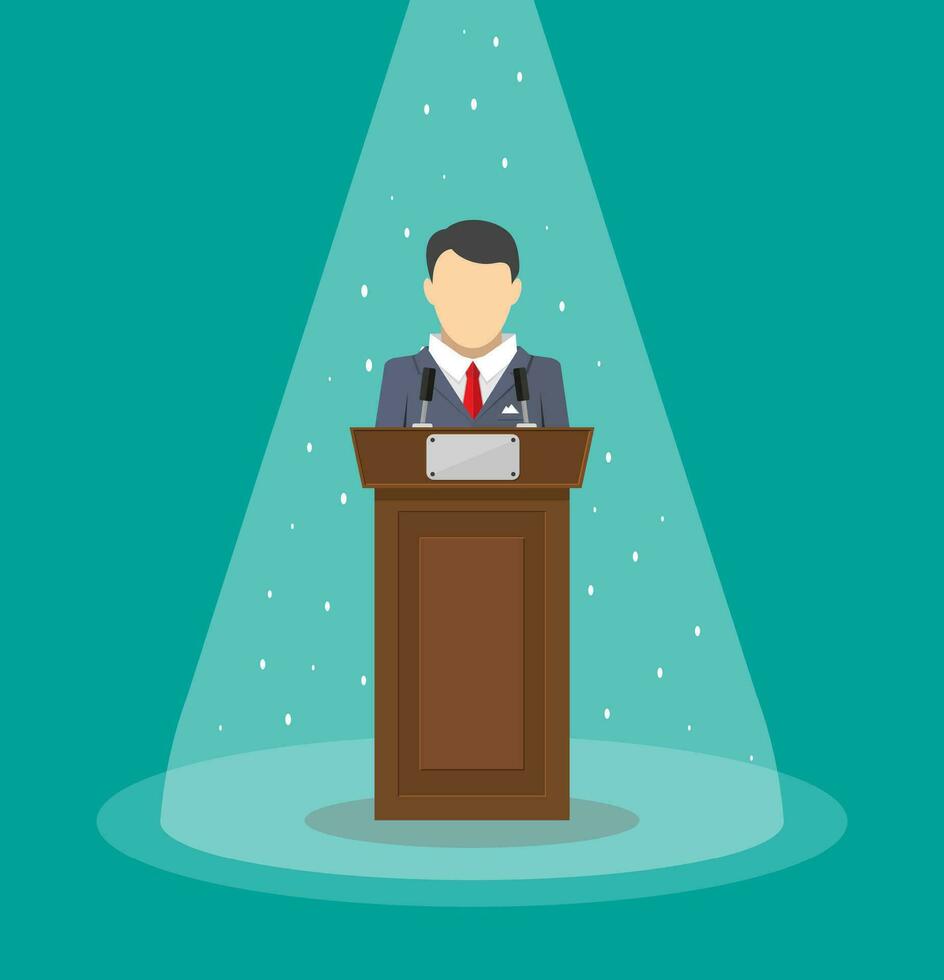 orator speaking from tribune. public speaker. vector illustration in flat style