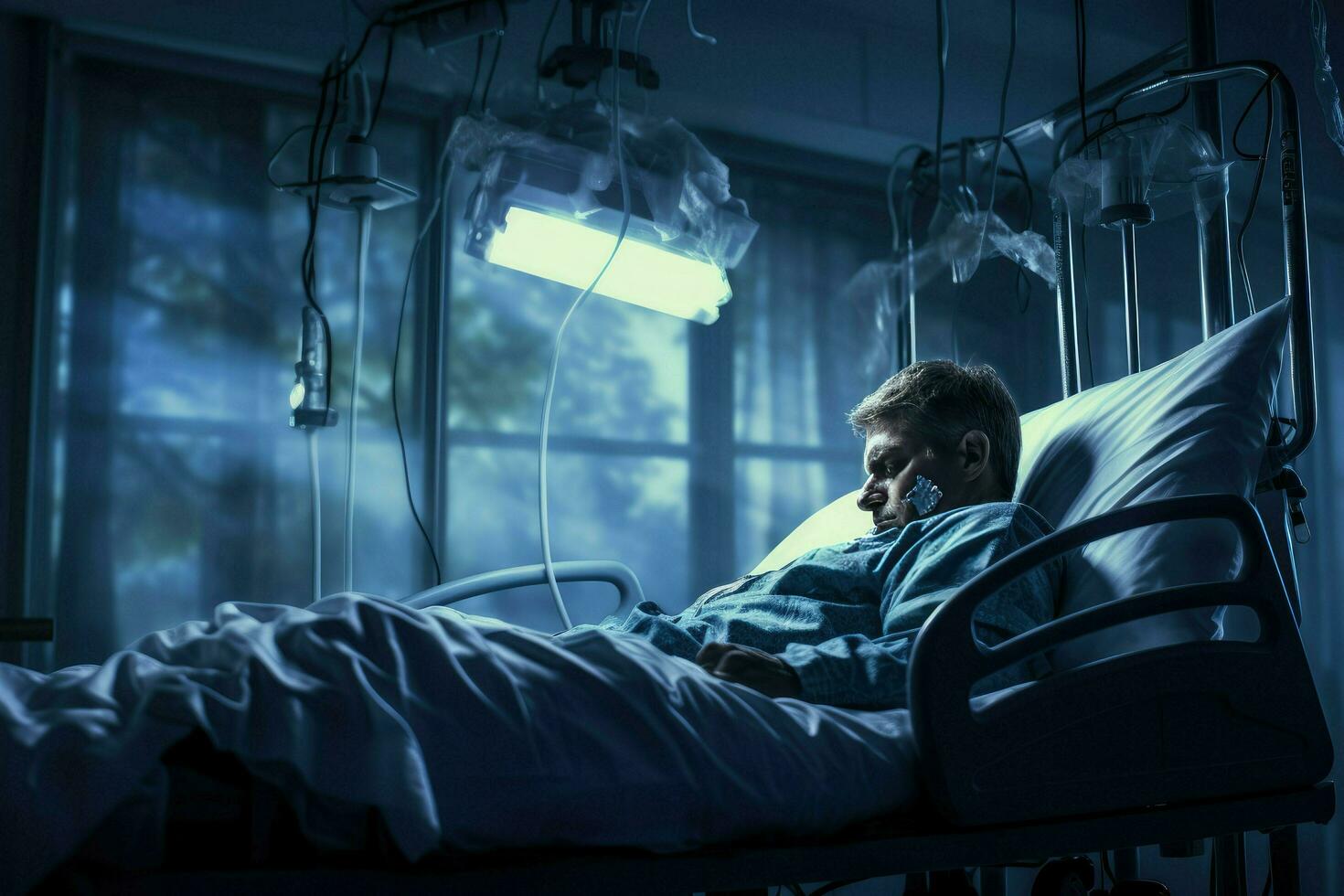AI generated Patient with life saving equipment for treatment in ICU at the hospital, emergency health care hospital ward Ai generated photo