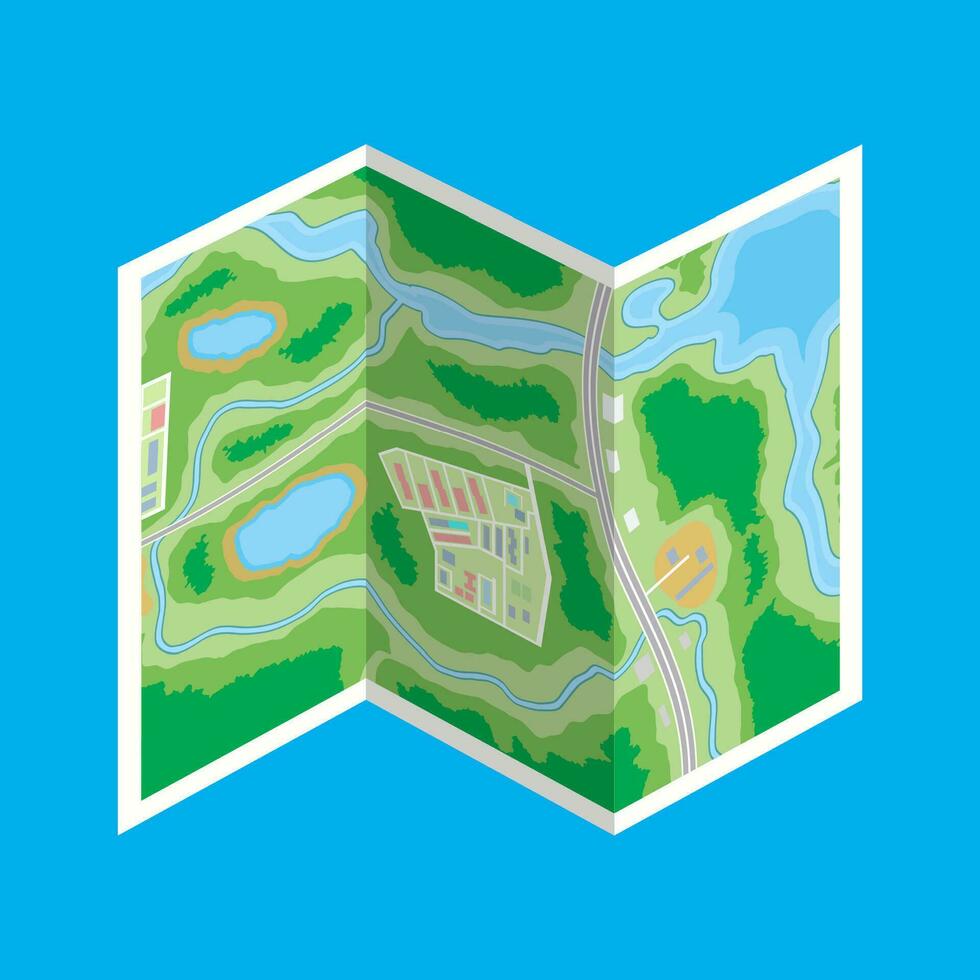 Folded paper city suburban map. Abstract generic map with roads, buildings, parks, river, lake. GPS and navigation. Vector illustration in flat style