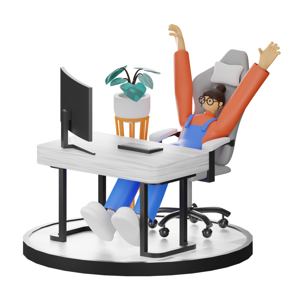 A Teenage Girl's Journey in 3D Illustration at the Computer Desk png
