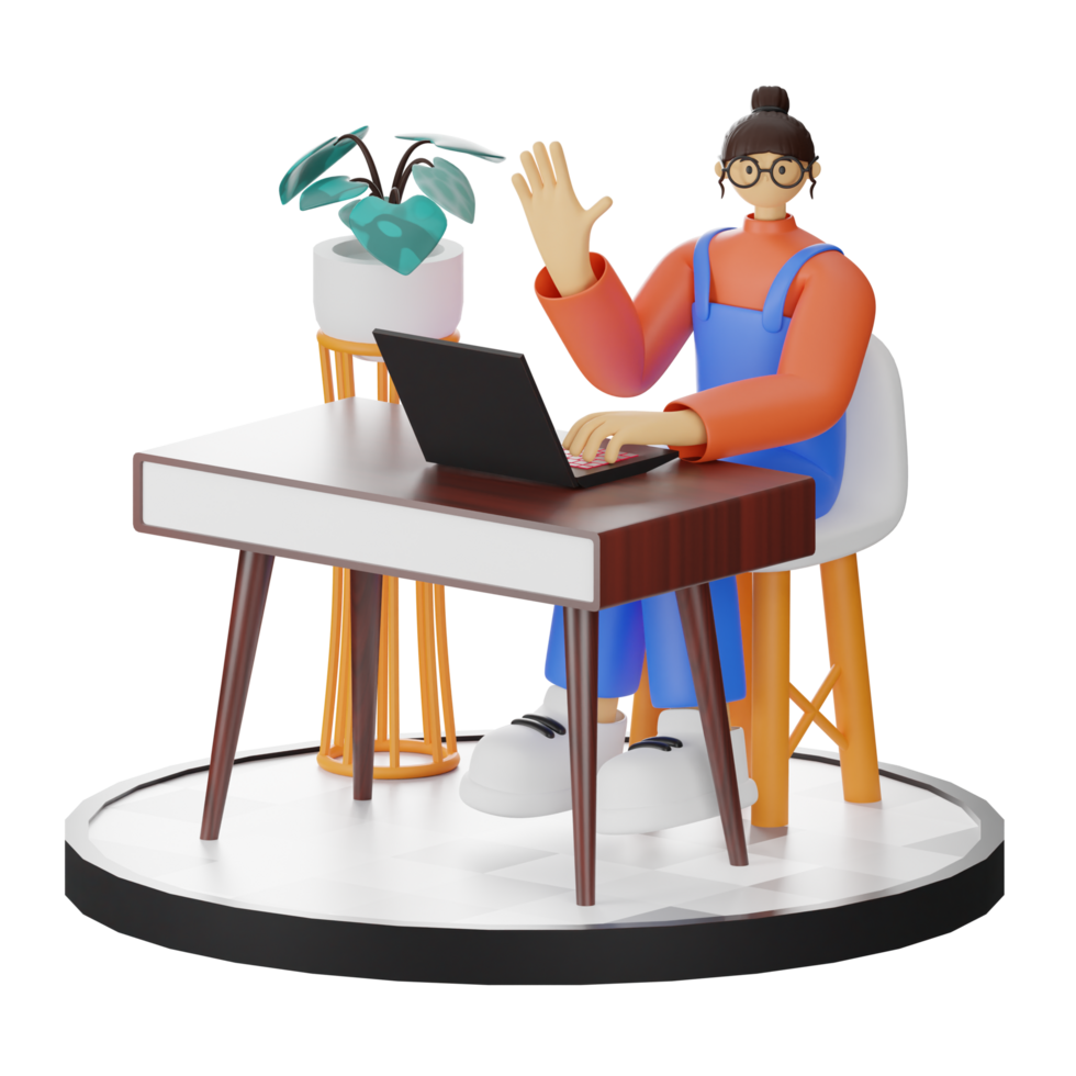 A Teenage Girl's Journey in 3D Illustration at the Computer Desk png