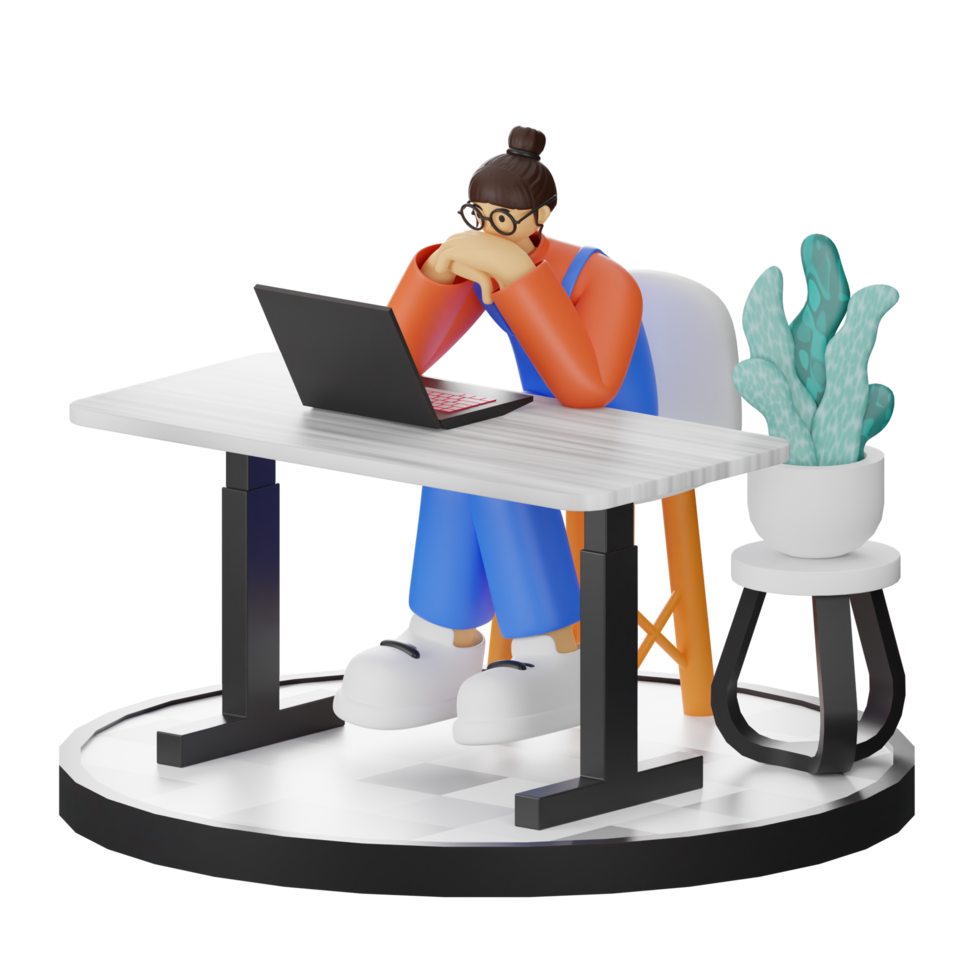 A Teenage Girl's Journey in 3D Illustration at the Computer Desk png