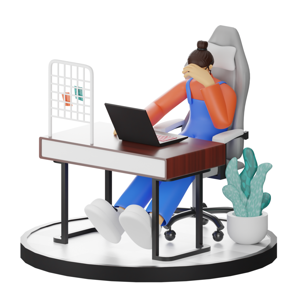 A Teenage Girl's Journey in 3D Illustration at the Computer Desk png