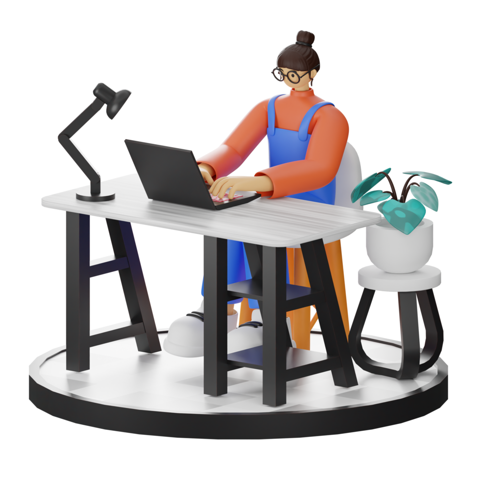 A Teenage Girl's Journey in 3D Illustration at the Computer Desk png